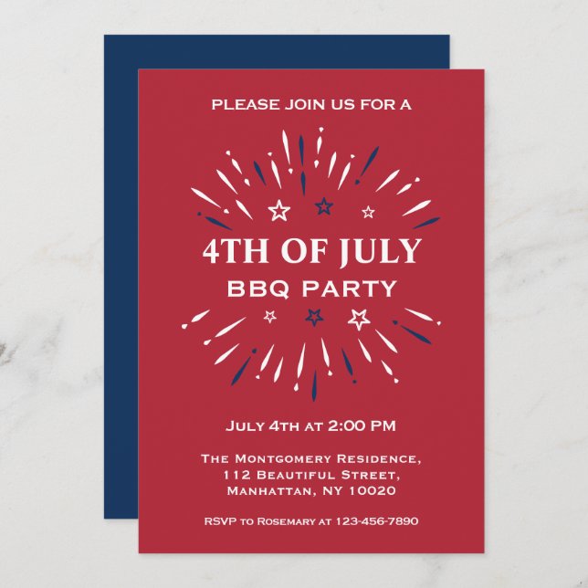 Red White Blue Fun Fireworks 4th Of July BBQ Party Invitation (Front/Back)