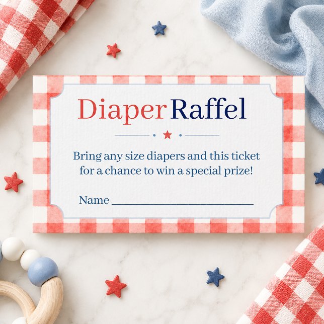 Red White Blue Gingham Diaper Raffle Ticket Enclosure Card (Creator Uploaded)