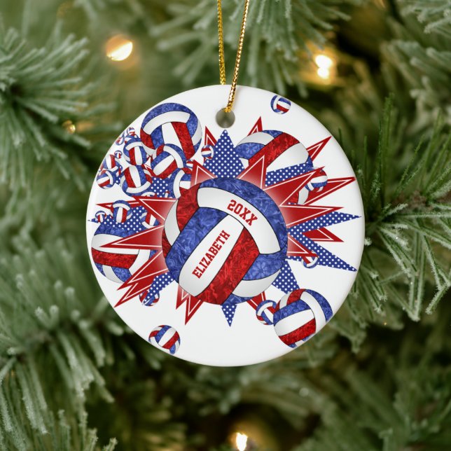 red white blue girly volleyball blowout sports ceramic ornament (Tree)