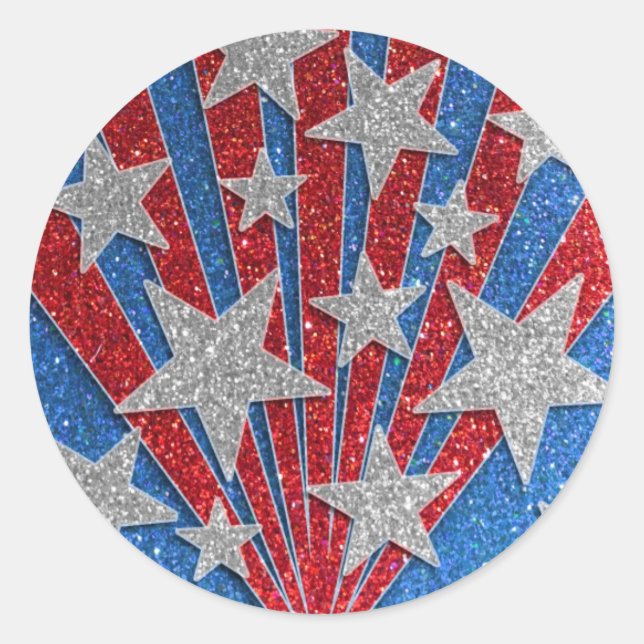 Red White Blue Glitter American Flag Stars Stripes Classic Round Sticker (Front)