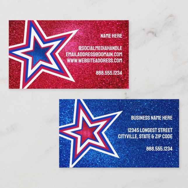 Red White Blue Glitter American Stars Template Business Card (Front/Back)