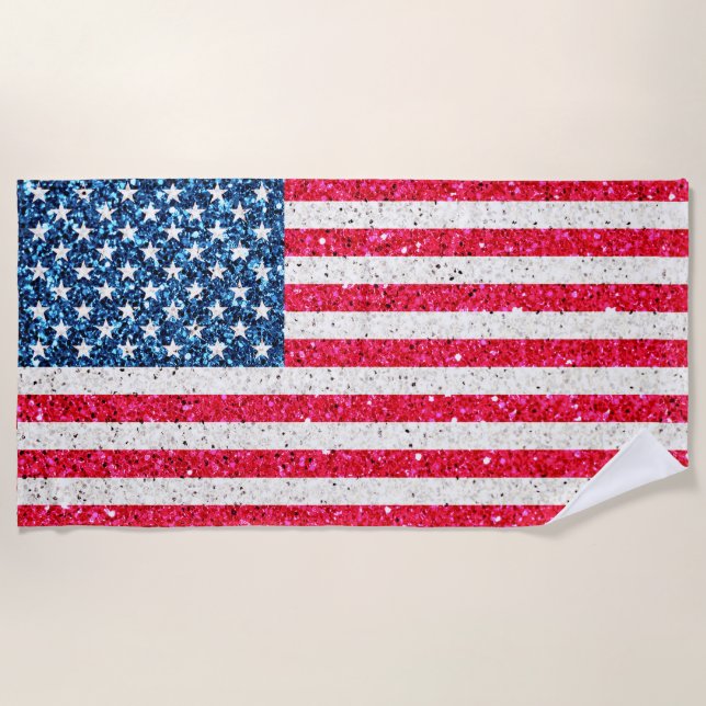 Red White Blue Glitter Patriotic American USA Flag Beach Towel (Front)