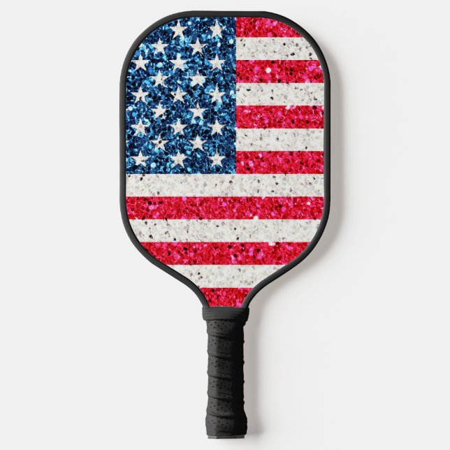 Red White Blue Glitter Patriotic American USA Flag Pickleball Paddle (Front)