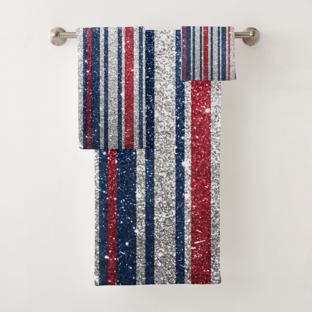 Red White Blue Glitter Stripes Trendy Decor Bath Towel Set (Insitu)