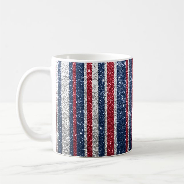 Red White Blue Glitter Stripes Trendy Sparkle Glam Coffee Mug (Left)