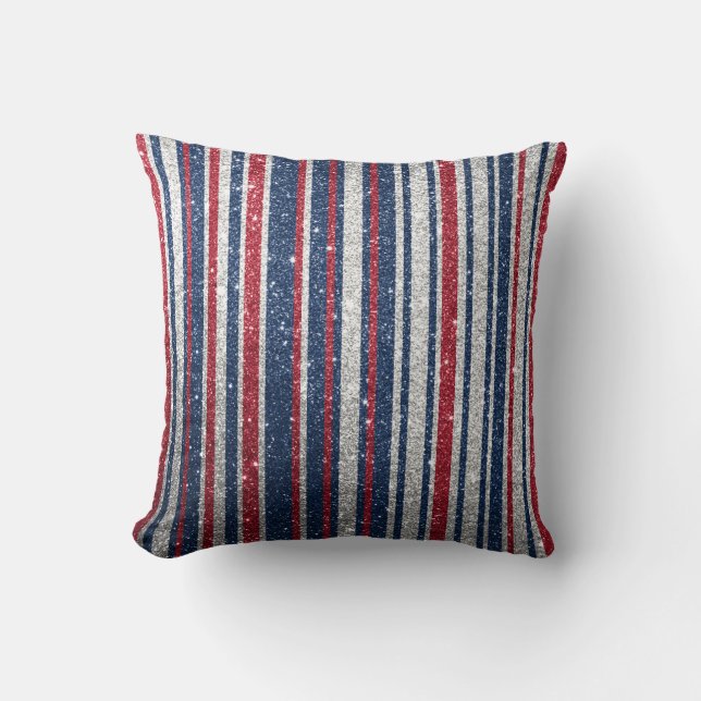 Red White Blue Glitter Stripes Trendy Sparkle Glam Cushion (Front)