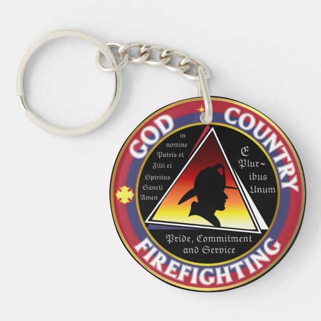 Red White Blue God Country Firefighting Round Logo Key Ring (Front)