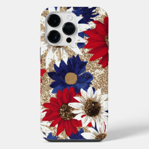 RED WHITE BLUE GOLD GLITTER LOOK SUNFLOWERS iPhone 14 PRO MAX CASE