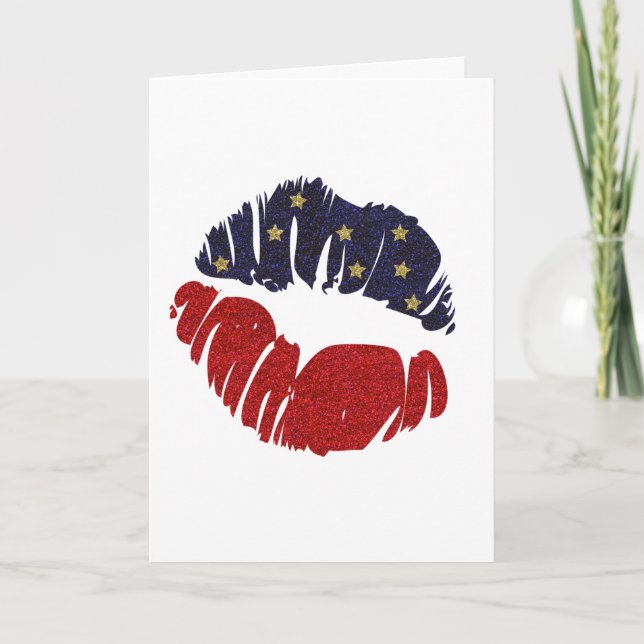 Red White Blue Gold Glitter Stars 4th KISS LIPS Card (Front)