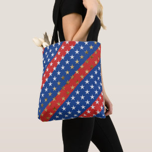 RED WHITE BLUE GOLD PATRIOTIC STARS STRIPES TOTE BAG