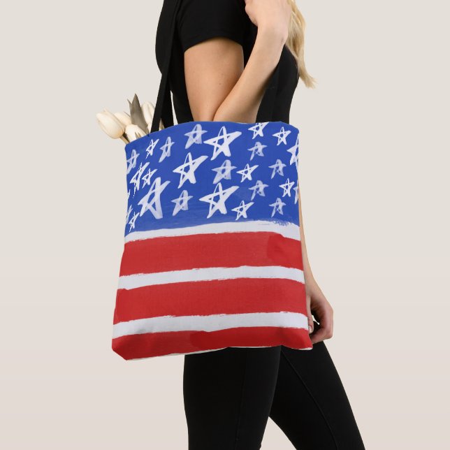 RED WHITE BLUE GOLD PATRIOTIC STARS STRIPES TOTE BAG (Close Up)