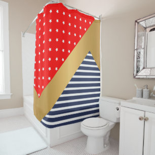 RED WHITE BLUE GOLD STARS & STRIPES SHOWER CURTAIN