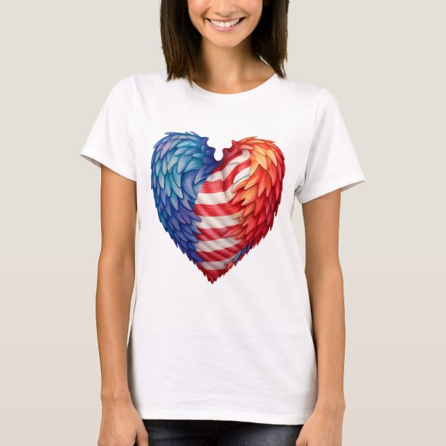 RED WHITE BLUE HEART SHAPED FLAG WITH FEATHERS T-Shirt (Front)