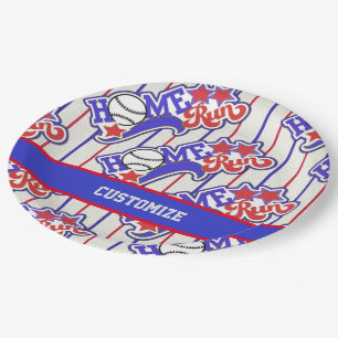 Red White & Blue Home Run Baseball Striped Paper Plate