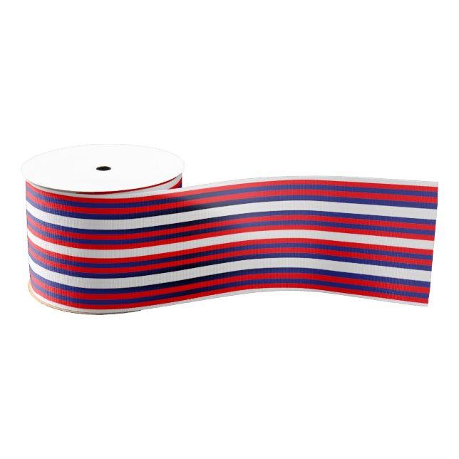 Red White Blue Horizontal Stripes Modern Pattern Grosgrain Ribbon (Spool)