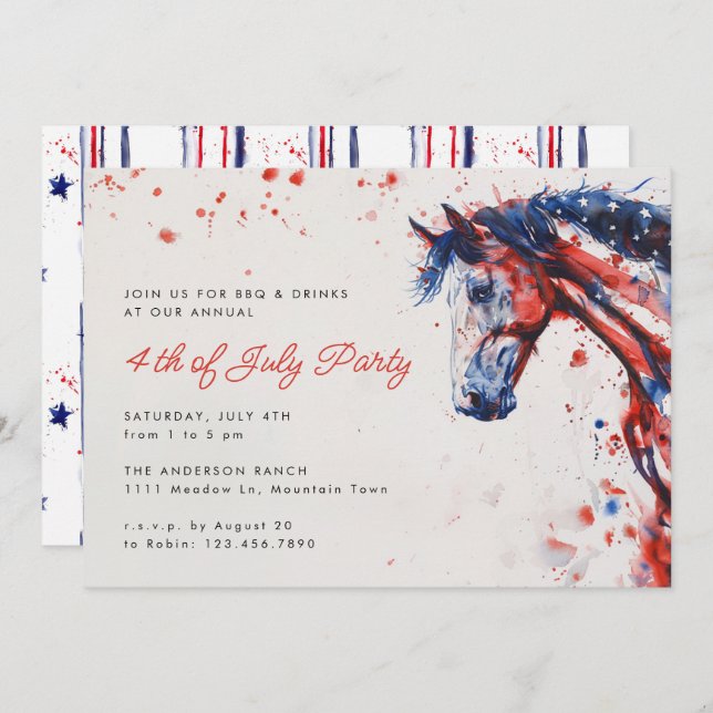 Red White Blue Horse Equestrian 4th of July Party Invitation (Front/Back)