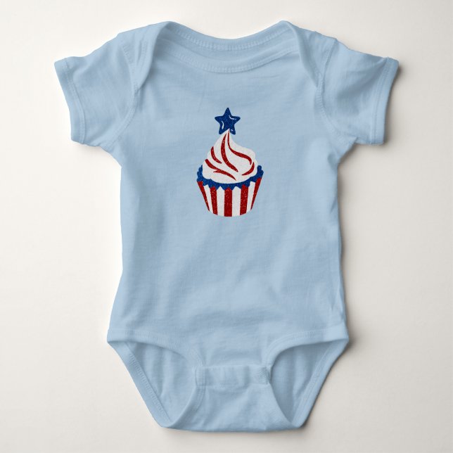 Red, White, Blue July 4 Cupcake Glitter Baby Bodysuit (Front)