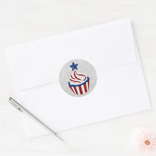 Red, White, Blue July 4 Cupcake Glitter Classic Round Sticker