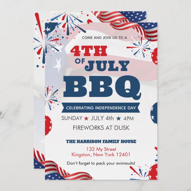 Red White Blue July 4th Party BBQ Celebration Invitation (Front/Back)