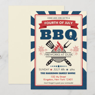Red White Blue July 4th Party BBQ Celebration Invitation