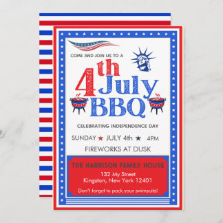 Red White Blue July 4th Party BBQ Celebration Invitation