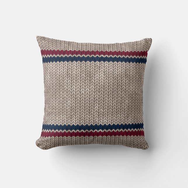Red White Blue Knit-look Stripe Pattern Cushion (Front)