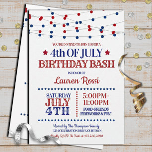 Red, White & Blue Lights 4th of July Birthday Invitation