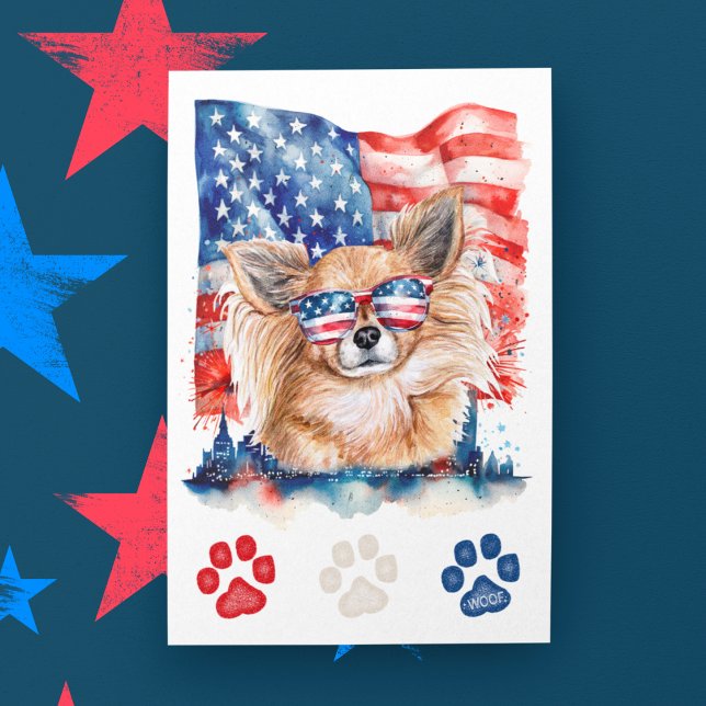 Red White Blue Long-Hair Chihuahua Dog 4th of July Holiday Postcard (Creator Uploaded)