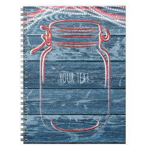 Red White & Blue Mason Jar & String Lights Rustic Notebook