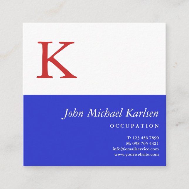 Red White Blue | Modern Monogram Square Business Card (Front)
