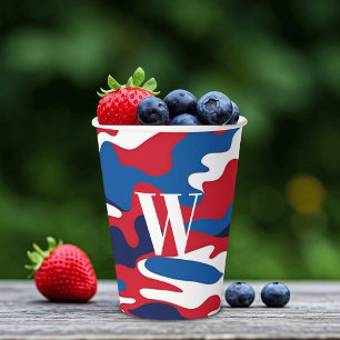 Red White Blue Monogram Patriotic Camo Paper Cups