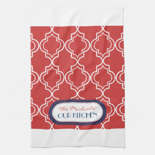 Red White Blue Moroccan Trellis Monogram Tea Towel