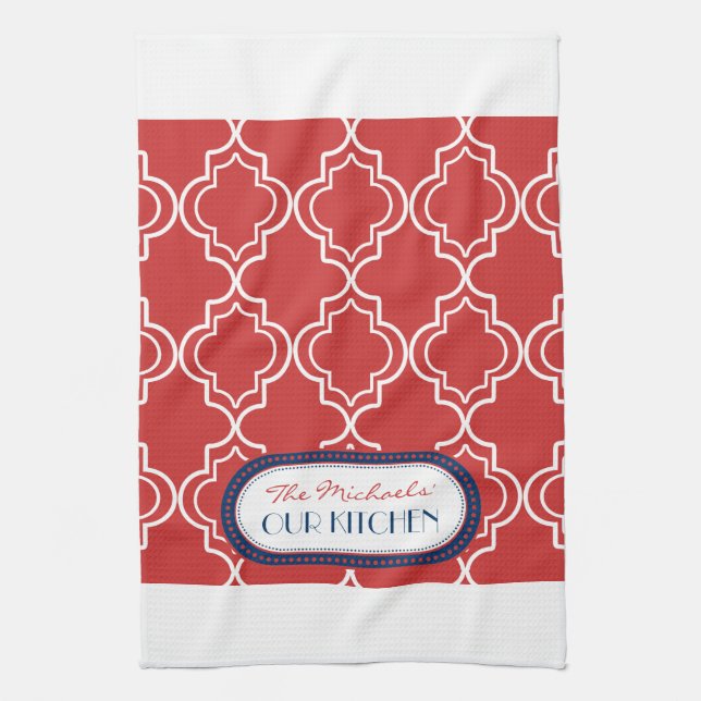 Red White Blue Moroccan Trellis Monogram Tea Towel (Vertical)