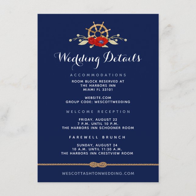 Red White & Blue Nautical Anemone Wedding Details Enclosure Card (Front)