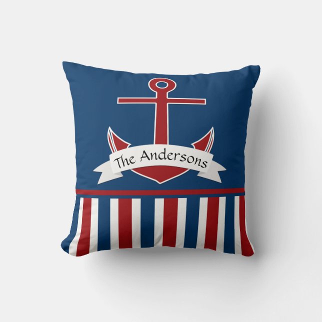 Red White Blue Nautical Design Personalised Anchor Cushion (Front)