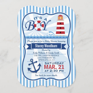 Red, White, & Blue Nautical Lighthouse Baby Shower Invitation