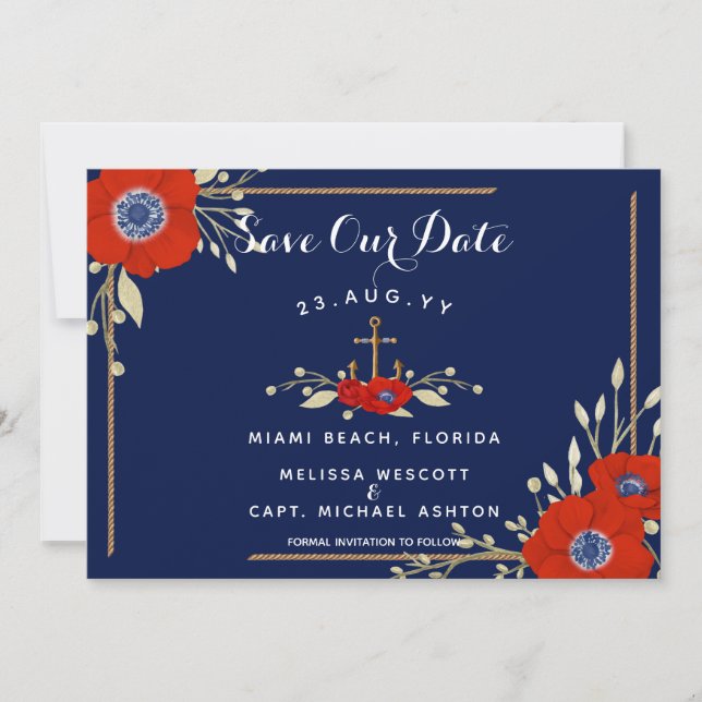 Red White & Blue Nautical Navy Anemone Wedding Save The Date (Front)