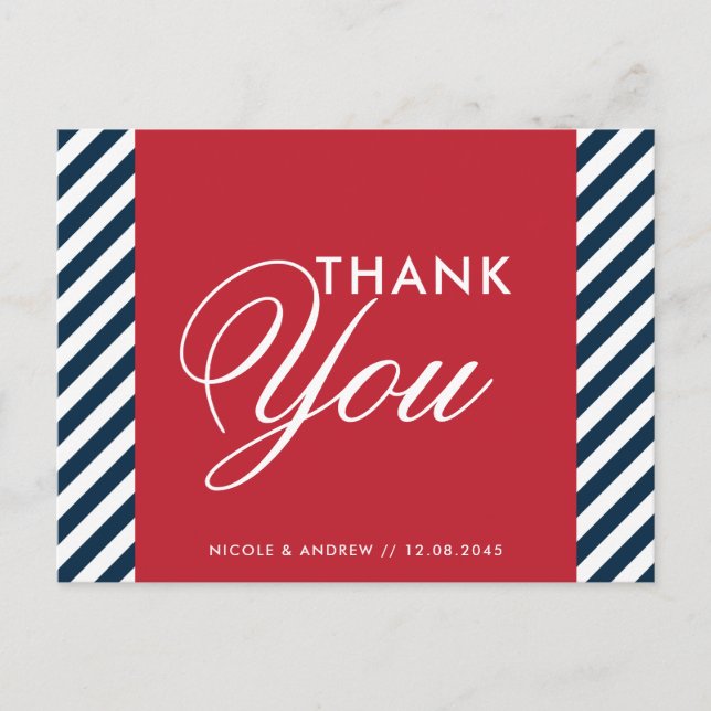 Red White Blue Nautical Stripes Thank You Postcard (Front)