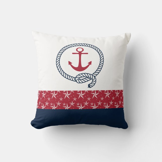 Red White Blue Nautical Throw Pillow with Anchor (Front)