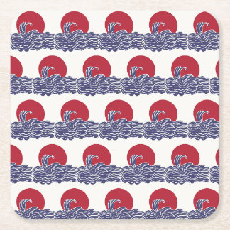 Red, white, & blue ocean sunset & waves square paper coaster
