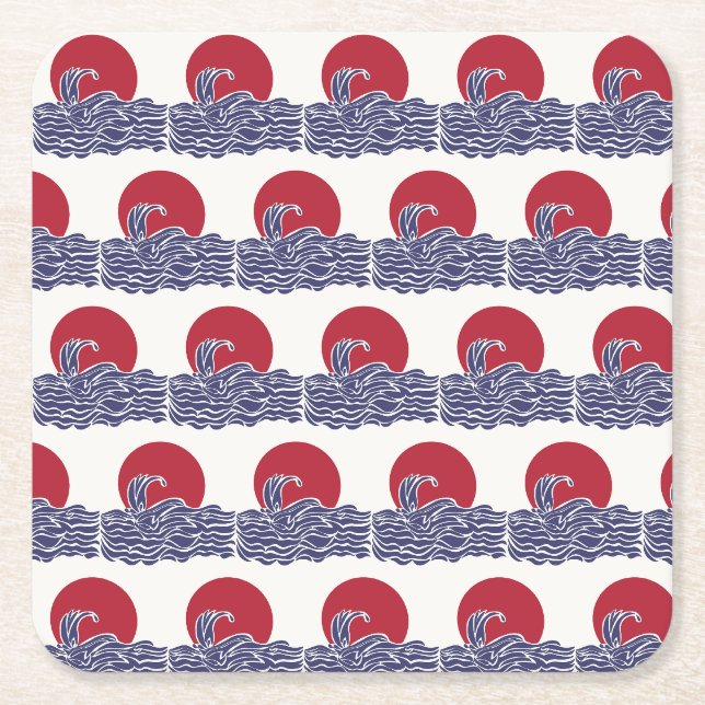 Red, white, & blue ocean sunset & waves square paper coaster (Front)