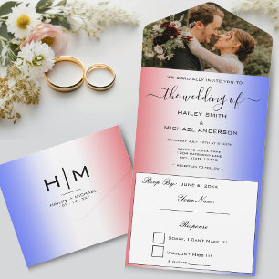 Red White & Blue Ombre Modern Photo Wedding All In One Invitation