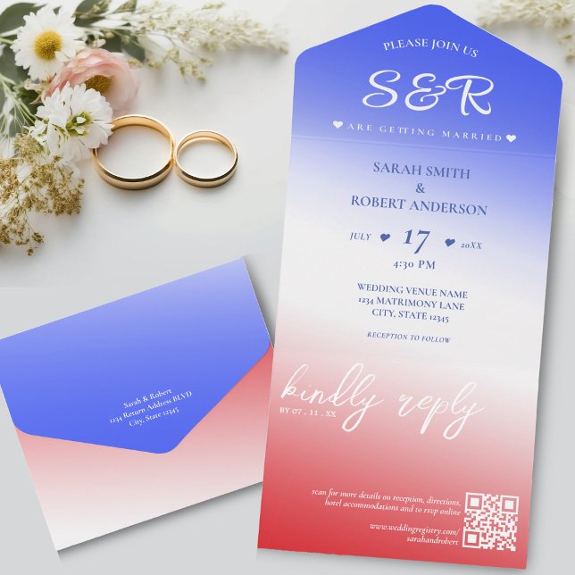 Red White & Blue Ombre QR Code Wedding All In One Invitation (Red White & Blue Ombre QR Code Wedding All In One Invitation)
