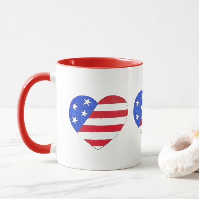 Red White Blue Patriotic American Flag Heart USA Mug (With Donut)