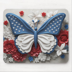RED WHITE BLUE PATRIOTIC BUTTERFLY & FLOWERS MOUSE PAD