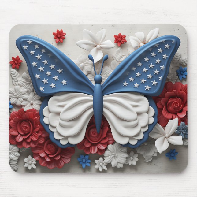RED WHITE BLUE PATRIOTIC BUTTERFLY & FLOWERS MOUSE PAD (Front)