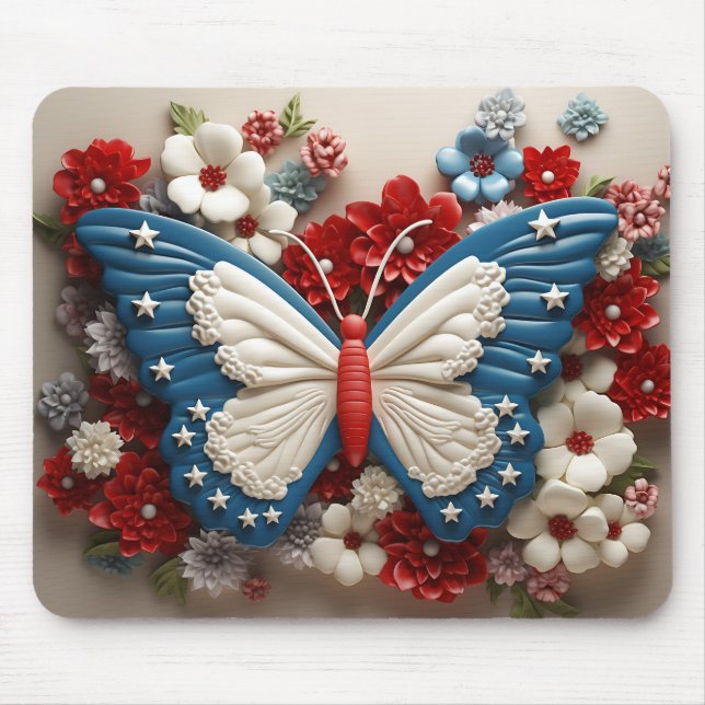 RED WHITE BLUE PATRIOTIC BUTTERFLY & FLOWERS MOUSE PAD (Front)