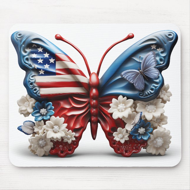 RED WHITE BLUE PATRIOTIC BUTTERFLY & FLOWERS MOUSE PAD (Front)