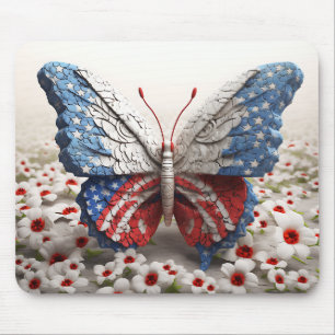 RED WHITE BLUE PATRIOTIC BUTTERFLY & FLOWERS MOUSE PAD