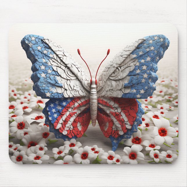 RED WHITE BLUE PATRIOTIC BUTTERFLY & FLOWERS MOUSE PAD (Front)